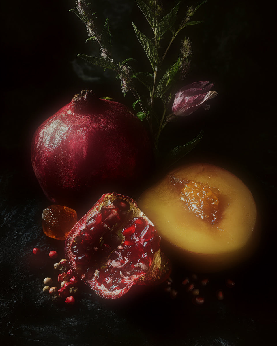 Still life arrangement with pomegranate, peach, and flowers on a dark background