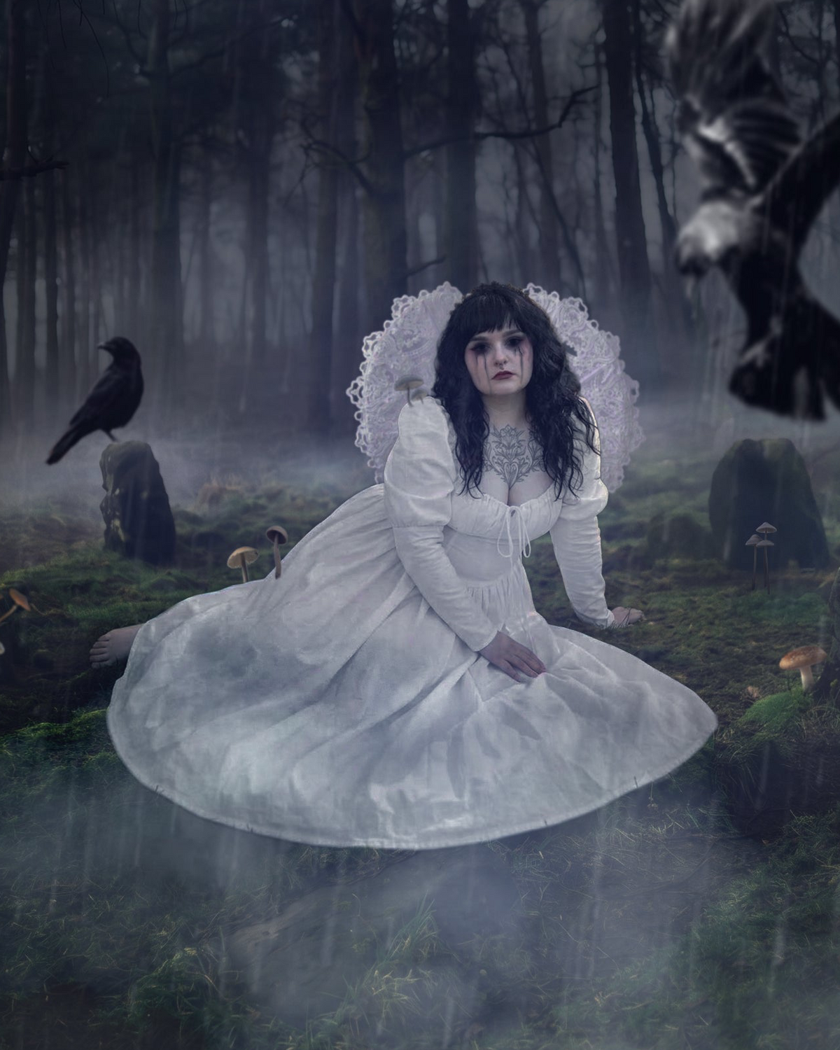 A woman in a voluminous white Victorian-style dress with a large lace headpiece sits in a misty, dark forest. A black raven perches on a stone to her left, and another raven is partially visible in the upper right.