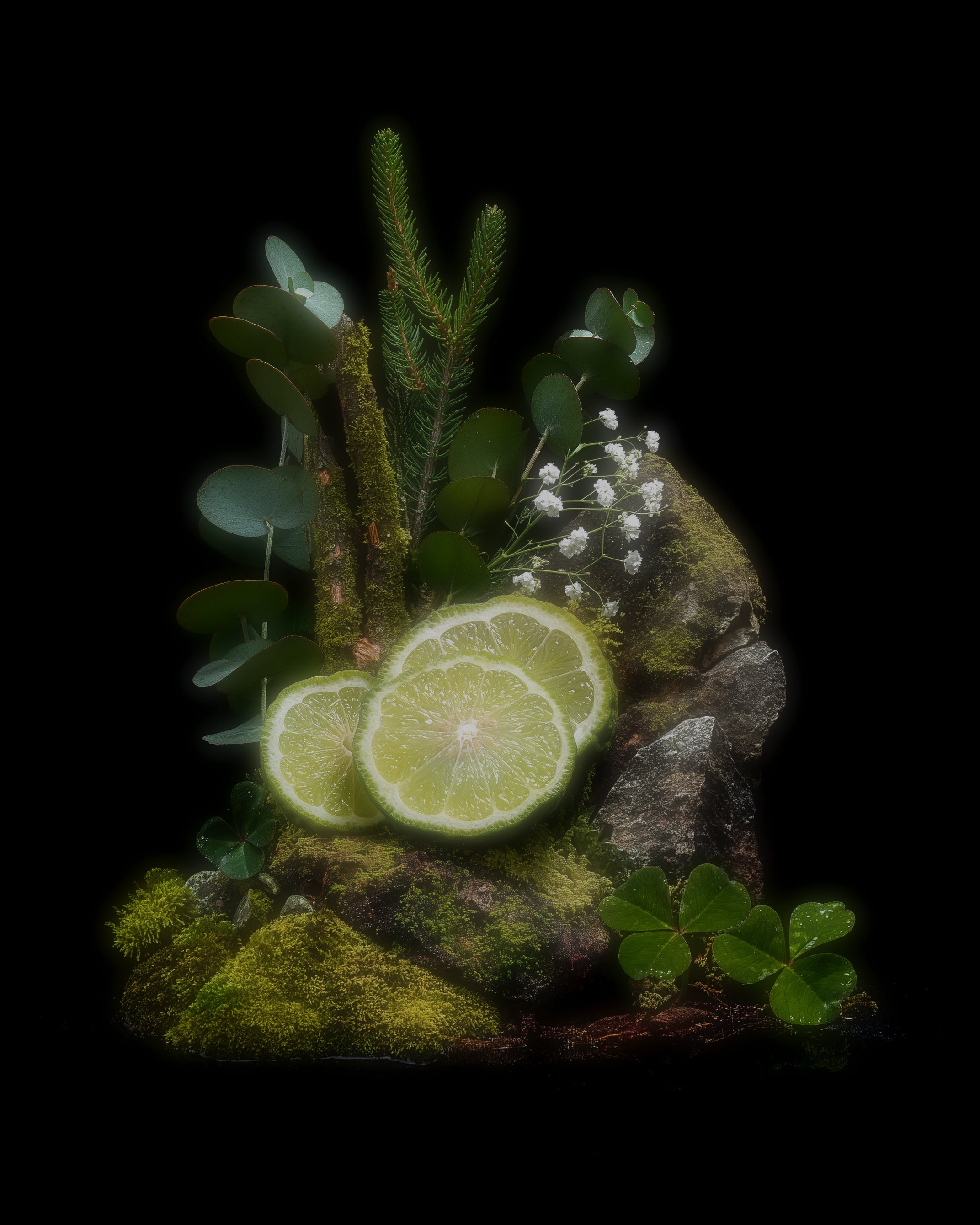 Decorative arrangement with sliced limes, green leaves, and small white flowers on a dark background