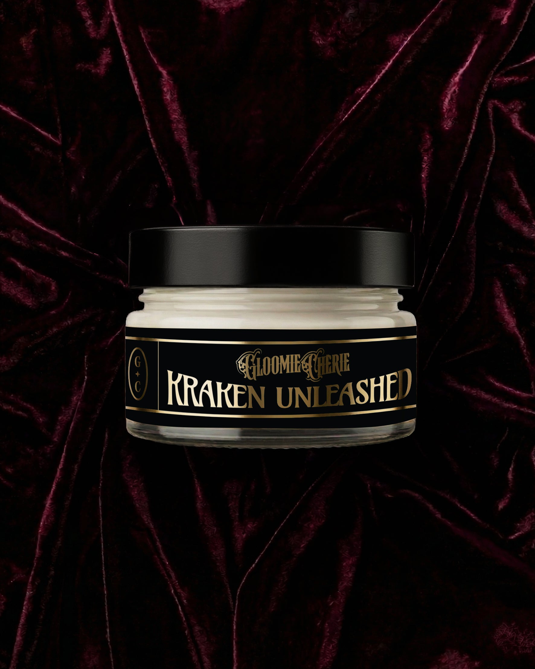 Jar of 'Gloomie Gherie Kraken Unleashed' on a dark red velvet background
