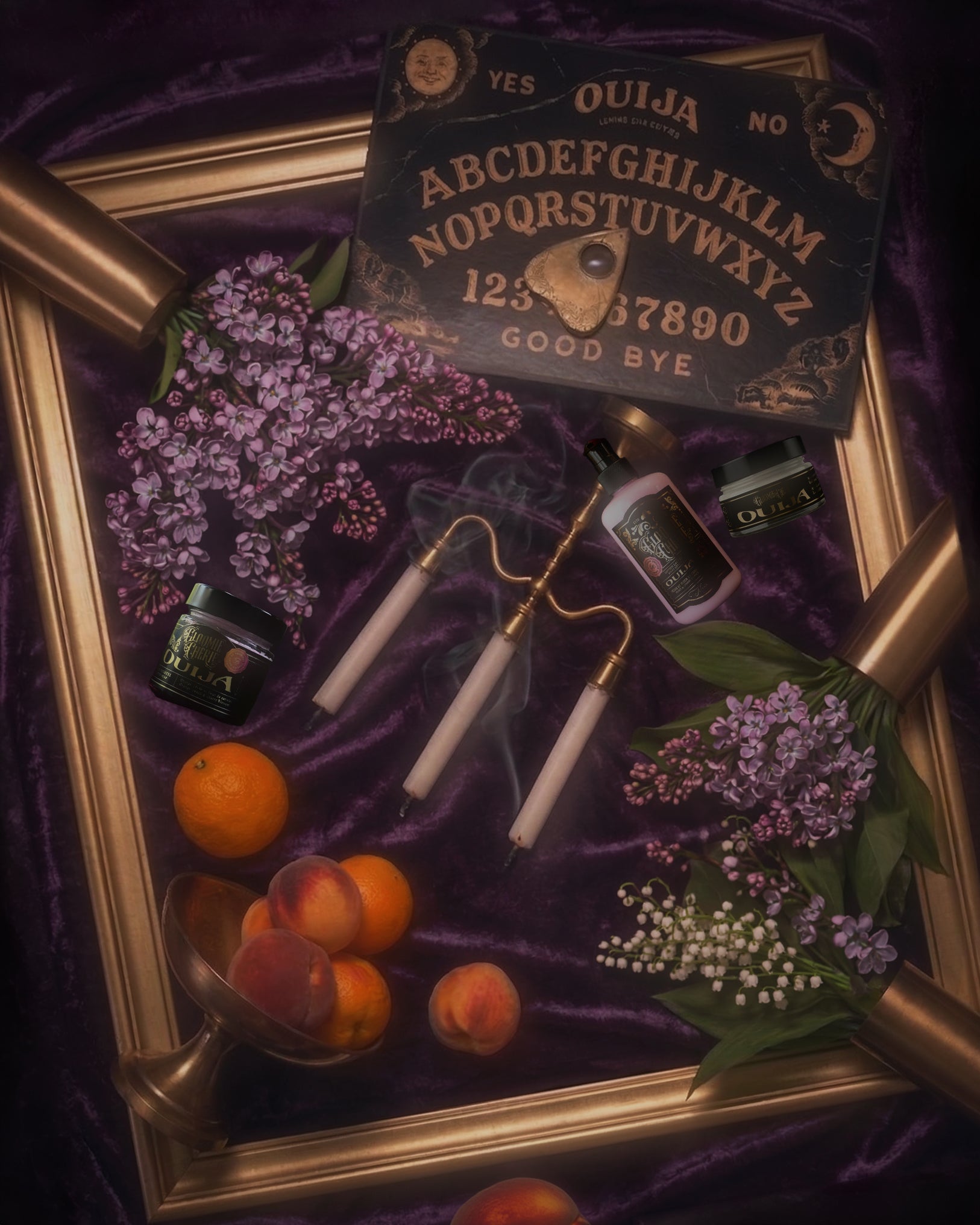 Ouija board with peaches, flowers, and a gold frame on a purple background